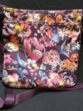Vera Bradly Travel Ready Floral Pring Cross Body Bag with Purple Strap CLEAN